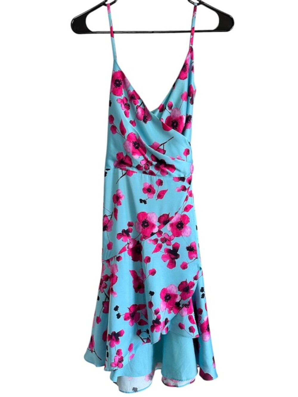 Hutch Floral Wrap Midi Dress Size L Aqua Pink High Low Ruffle Tie Waist